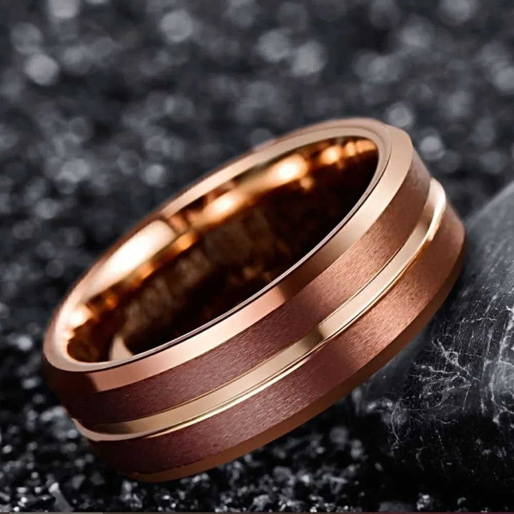 Engraved Men's Real Copper Brown Tungsten Wedding Ring - Rose Gold Center Groove